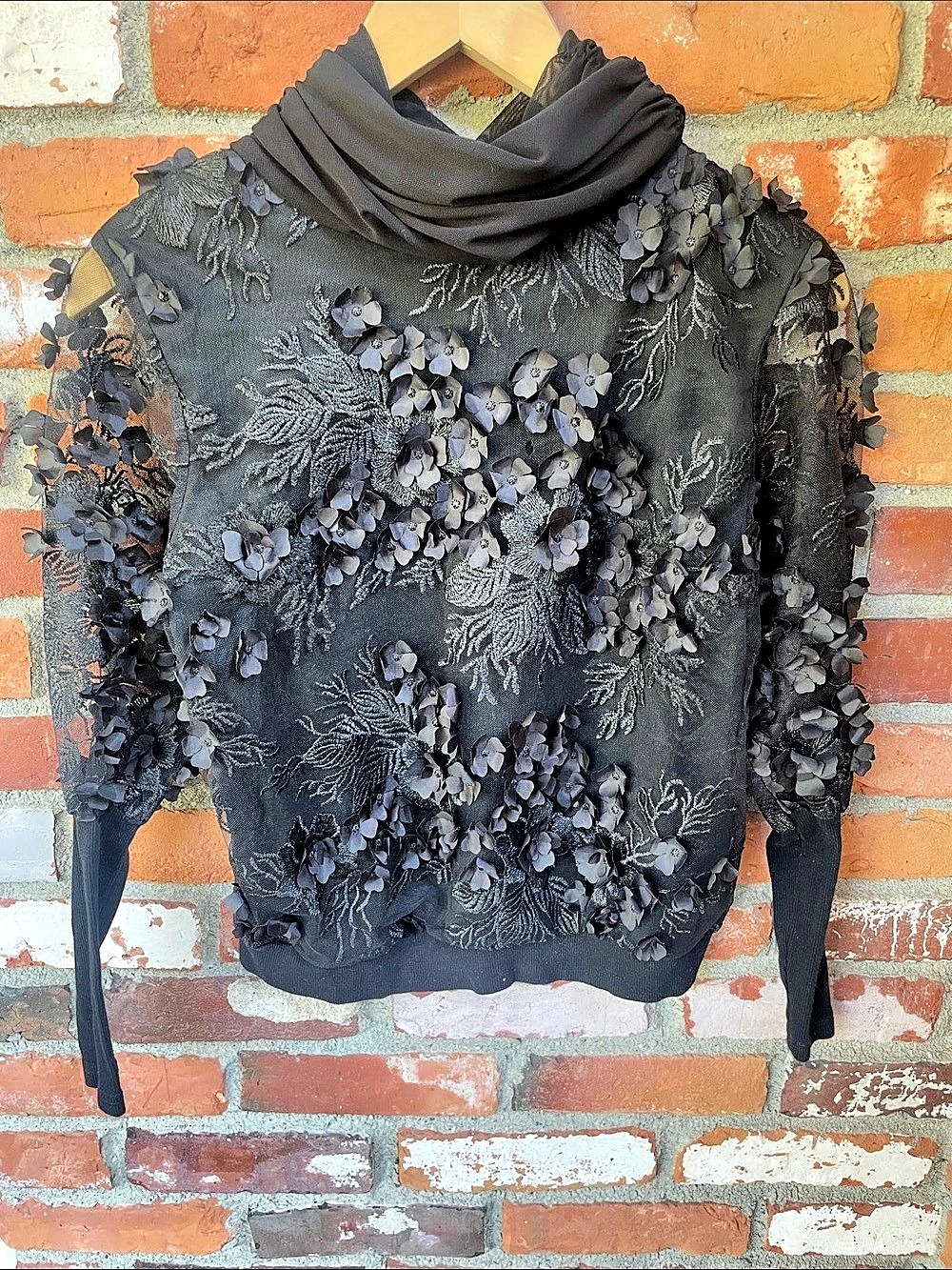 Black 3d floral embroidery cow neck long sleeve whimsigoth S